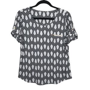 Edge Black White Short Sleeve Geometric Print Blouse Approx Large